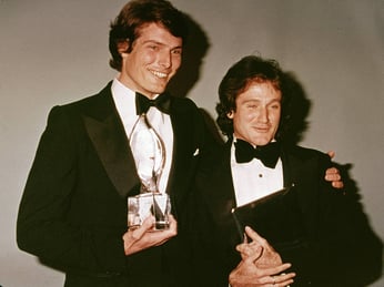 Christopher Reeve with his friend, actor Robin Williams, at the backstage of the People's Choice Awards in 1979. Photo: Getty