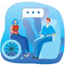 Therapist and wheelchair user; istockphoto; Illustration by Viktoriia Miroshnikova