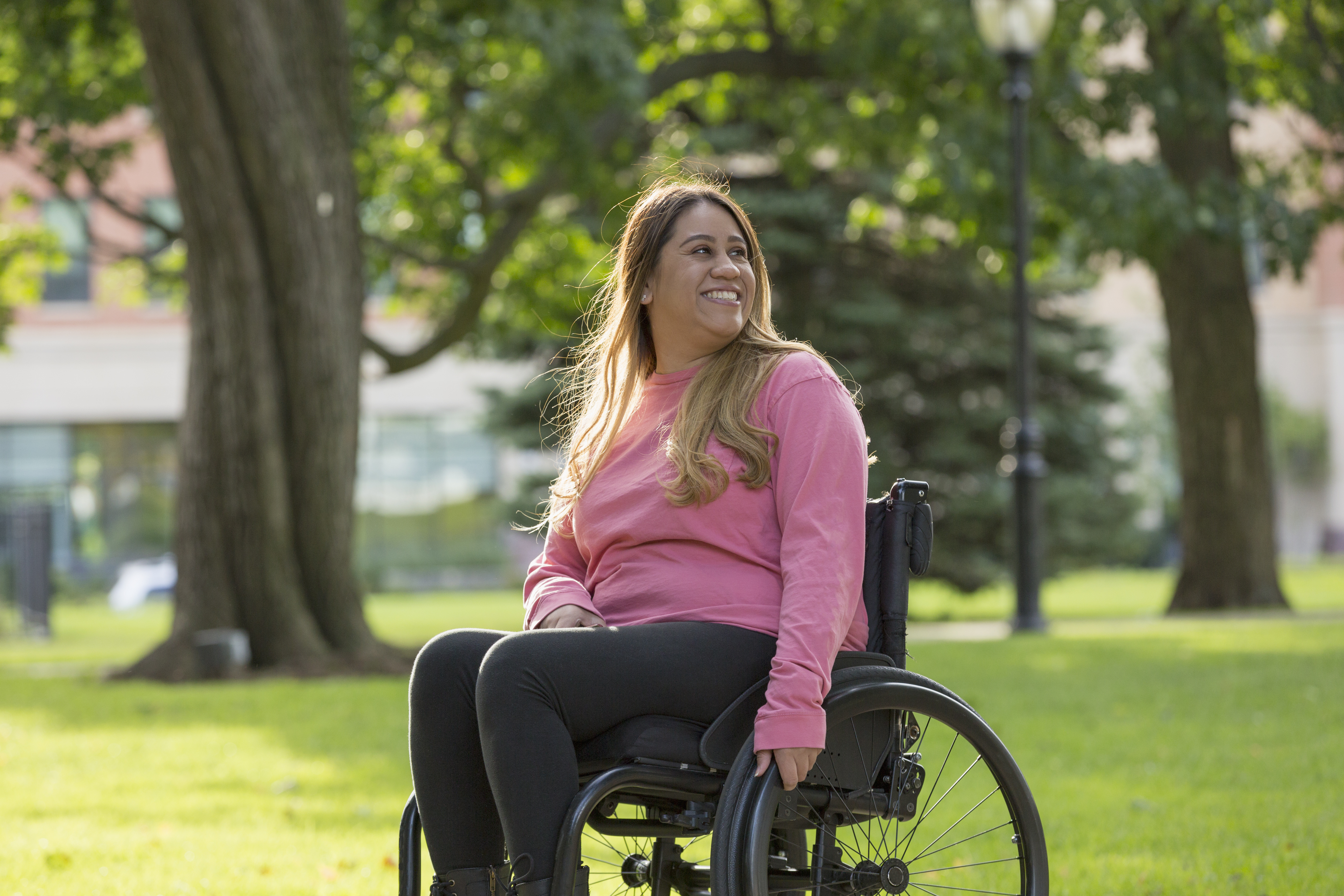 woman in wheelchair smiling
