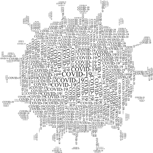 The word COVID-19 shaped in the form of the virus